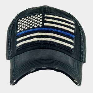 Blue Black American USA Flag Stripe Vintage Brim Baseball Cap Hat